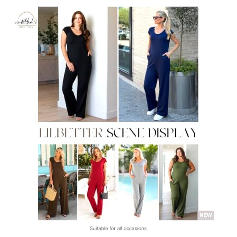 Large Wide Leg Jumpsuit with Pockets, Cap Sleeve, Polyester Blend - Picture 6 of 7